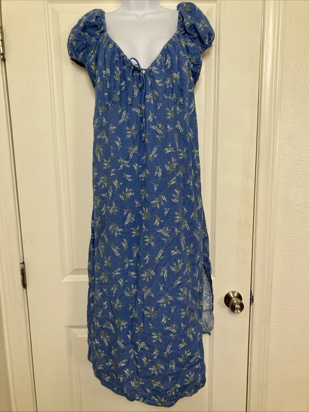 H&M Divided Floral Tie-Detail Maxi Linen Blend Milkmaid Puff Sleeve Dress XXL